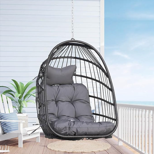 Nicesoul Patio Hanging Egg Chair No Stand, Foldable Ceiling Egg Basket Chairs Without Stand Indoor Outdoor, 350lbs Egg Shell Swing Hammock Chair with Cushion for Backyard, Balcony, Outside, Dark Grey