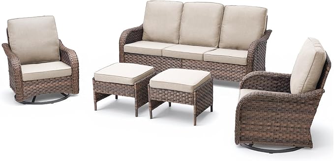 Wicker Outdoor Patio Furniture Set-5 Pieces All-Weather Wicker Outdoor Furniture with Swivel Rocking Chairs Set of 2 Patio Conversation Sets for Garden,Backyard,Deck Brown/Beige