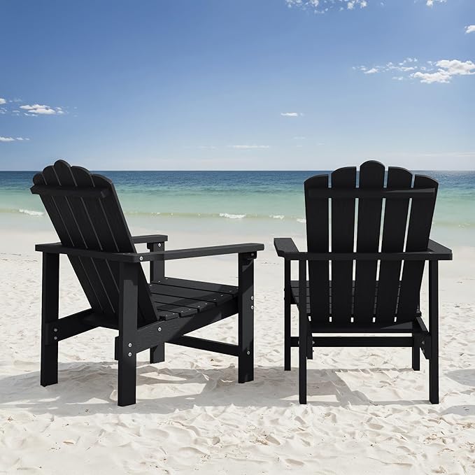 Stackable HDPE Adirondack Chairs Set of 2 – Durable, Weather-Resistant Outdoor Patio Seating, Low Maintenance Poly Lumber Chairs for Porch, Deck, Garden, Fire Pit (Black)