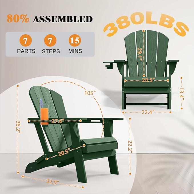 Folding Adirondack Chair Set of 4, HDPE All-Weather Patio Chairs for Outdoor, Patio, Lawn, Garden, Backyard Deck, Fire Pit - Dark Green