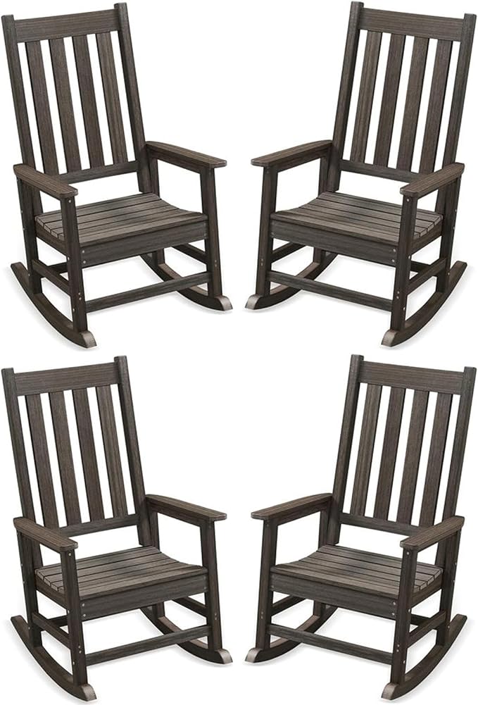 Outdoor Rocking Chair Set of 4, HDPE Oversized Patio Rocking Chairs, Weather Resistant, 350lbs Heavy Duty Porch Rocker with High Back for Backyard, Fire Pit, Garden and Indoor (Dark Brown)