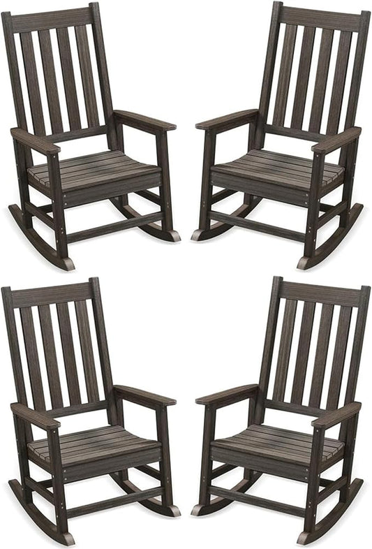 Outdoor Rocking Chair Set of 4, HDPE Oversized Patio Rocking Chairs, Weather Resistant, 350lbs Heavy Duty Porch Rocker with High Back for Backyard, Fire Pit, Garden and Indoor (Dark Brown)
