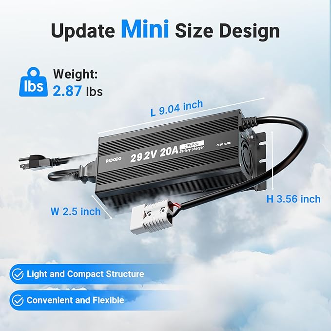 Redodo 29.2V 20A Update MINI Size LiFePO4 Battery Charger Fast AC-DC Charger,LED Indicators,6 Protections,Durable Shell,Cooling Fan