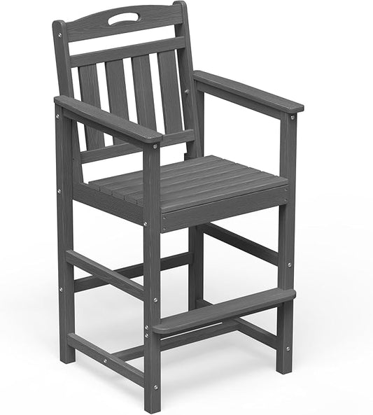 HDPE Outdoor Patio Tall Bar Chair, All-Weather Bar Height Balcony Adirondack Stools for Bistro, Garden, Backyard, Deck | Grey