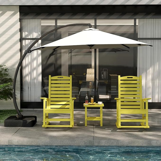 Yellow Outdoor Rocking Chairs Set of 2 with Footrest, Side Table & Beige 11FT Cantilever Umbrella, HDPE Rocking Lawn Chair for Garden, Poolside, Deck (Yellow)
