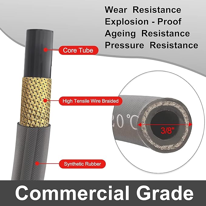 3/8'' Pressure Washer Hose 50 FT, Hot and Cold Water Power Washer Hose Max 248°F, Commercial Industrial Grade Steel Wire Braided Kink Proof Extension Hose with 3/8 Quick Connect 4800 PSI