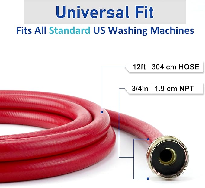 2 PACK Rubber Washing Machine Hoses Burst Proof Red and Blue Coded Washer Machine for Hot and Cold Water 3/4" Connection Supply Lines by Fetechmate Washer Hoses (12 FT)
