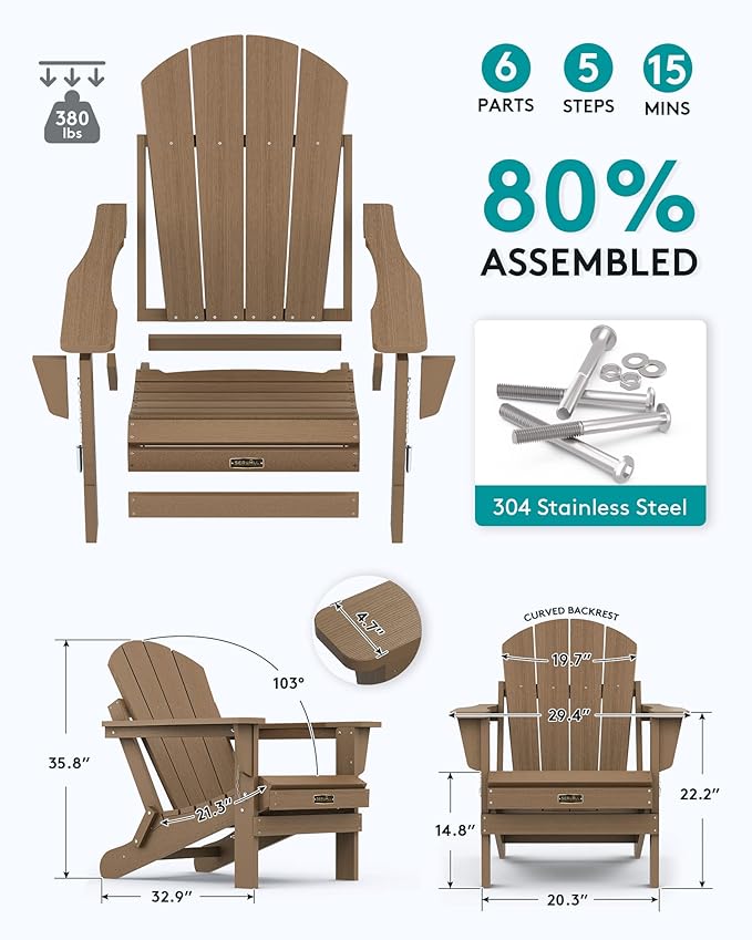 SERWALL Folding Adirondack Chair Set of 2 Outdoor Chairs Painted Adirondack Chair Weather Resistant for Patio Deck Garden, Backyard Deck, Fire Pit- Brown