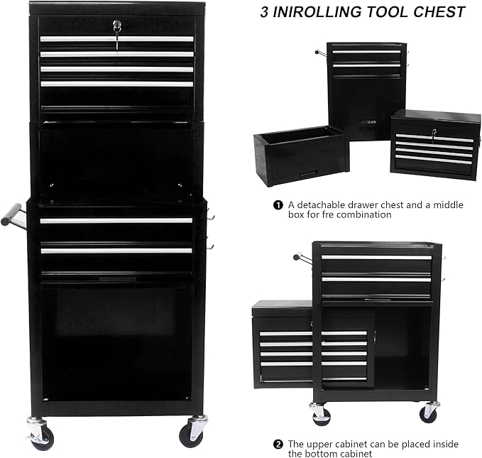 6 Drawers Rolling Tool Box Organizer,2 Tier High Capacity Tool Chest with Wheels,Lockable Rolling Tool Chest with 2 Cabinet,Detachable Tool Box Workshop Storage Cabinet(2 Tier-6 Drawers(Black))