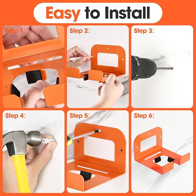 6-Pack Garage Tool Organizer Trimmer Rack, Weed Eater Hanger, Matel Wall Hooks Weed Wacker Holder, Heavy Duty Wall Hangers for Grass Trimmer, Hedge Trimmer, Garden Tools Storage, Orange