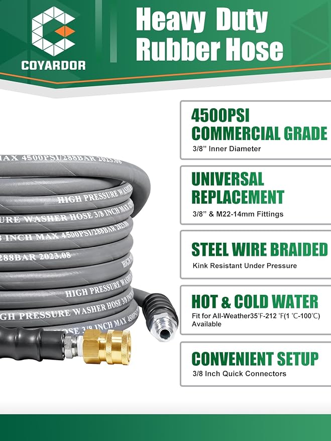 3/8" Pressure Washer Hose 35 FT 4500 PSI, Steel Braided Layer & NonMarking Rubber for Hot/Cold Water High Power Washer Replacement With 3/8 Inch Quick Connect & M22 Fitting, Industrial-grade