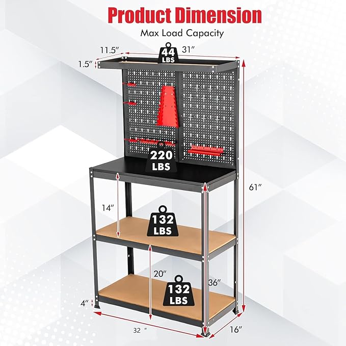 Goplus Workbench with Pegboard, 4-Tier 32” x 16” Work Table with 14 Pcs Hanging Accessories, Heavy Duty Metal Tool Stoage Bench, Work Bench for Garage, Workshop, Repair Shop