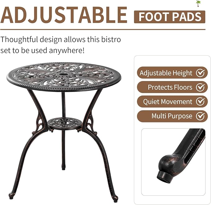 Outdoor Bistro Set 3 Piece, Patio Bistro Set, Cast Aluminum Bistro Set, Patio Table Set with 1.97" Umbrella Hole for Yard, Deck, Front Porch