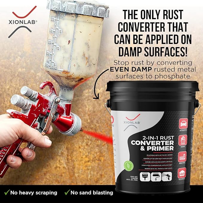 Xion Lab 2-in-1 Rust Converter & Metal Primer - Concentrate Covers Up to 4X More - Industrial Grade Water Based - UV Resistant Rust Reformer & Inhibitor - No Top Coat Needed - Works On Damp Surfaces