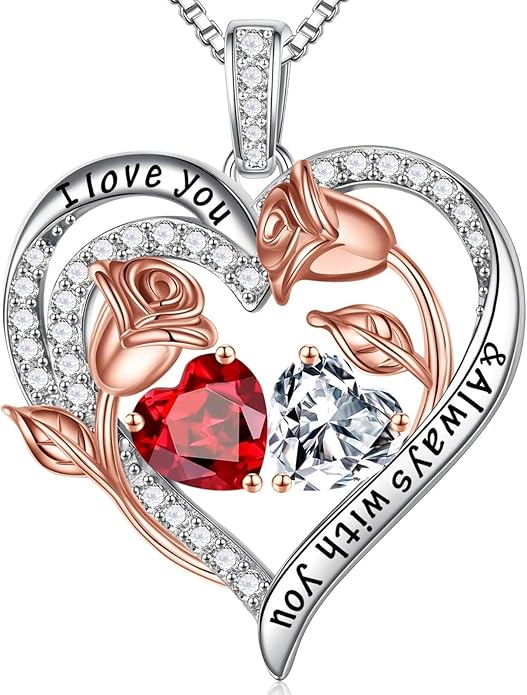 Iefil Christmas Gifts for Women Wife - 925 Sterling Silver Rose Heart Birthstone Necklace Birthday Anniversary Jewelry Gifts for Her Wife Mom Daughter