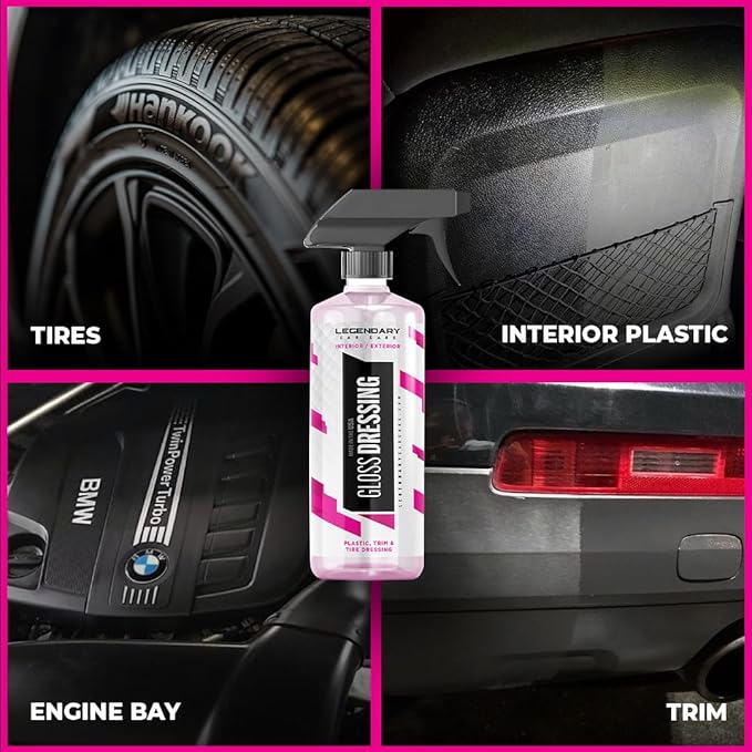 Legendary Gloss Dressing with Applicator 16oz - Tire Shine Spray & Plastic Restorer – Water Based & Non-Greasy Interior/Exterior Detailing Spray - Trim, Rubber, Vinyl & Plastic Restorer for Cars