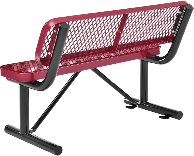 Global Industrial 48" L Outdoor Steel Bench with Backrest, Expanded Metal, Red