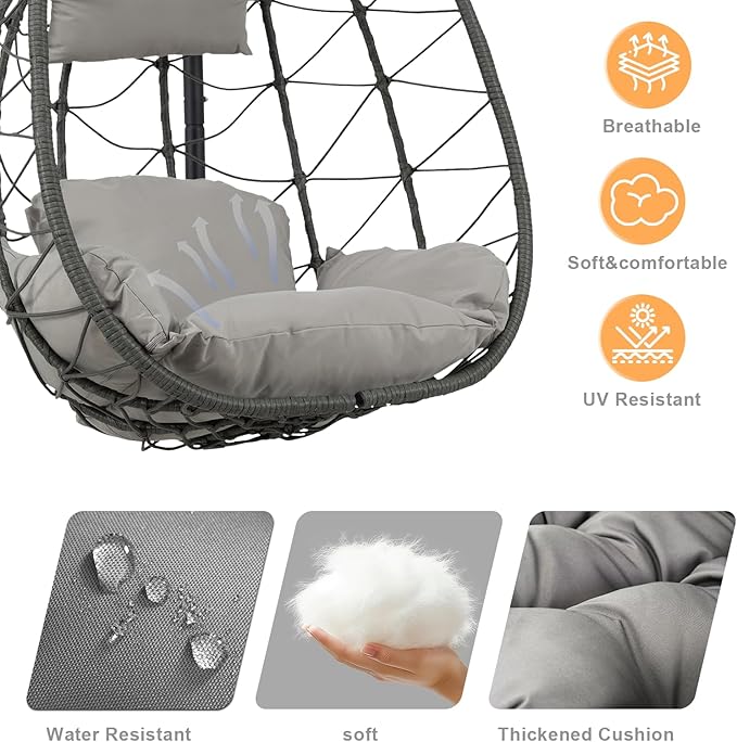 Hanging Egg Chair with Stand Egg Chair Indoor Outdoor, Patio Swing Hammock Egg Chairs, UV Resistant Removable & Washable Thicken Padded Cushions, 350LBS Capacity for Bedroom, Balcony, Garden