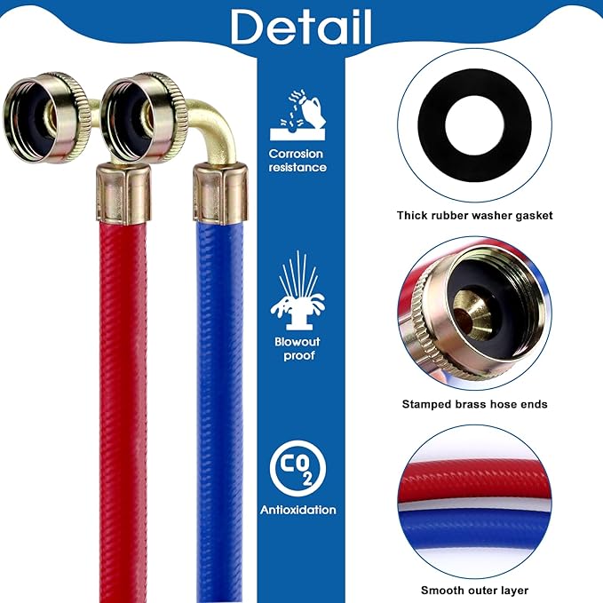 Rubber Washing Machine Hoses With Elbow 4FT,Washing Machine Elbow Hose with 3/4" Connection Supply for Hot and Cold Water Washer Hoses (2 Packs),Universal Fit for All Standard Wash Machines-by MIFLUS