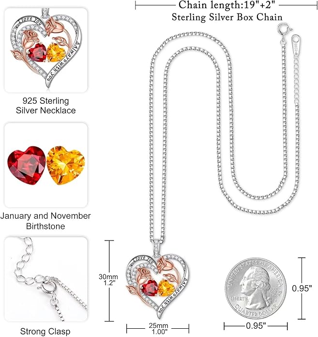 Iefil Christmas Gifts for Women Wife - 925 Sterling Silver Rose Heart Birthstone Necklace Birthday Anniversary Jewelry Gifts for Her Wife Mom Daughter