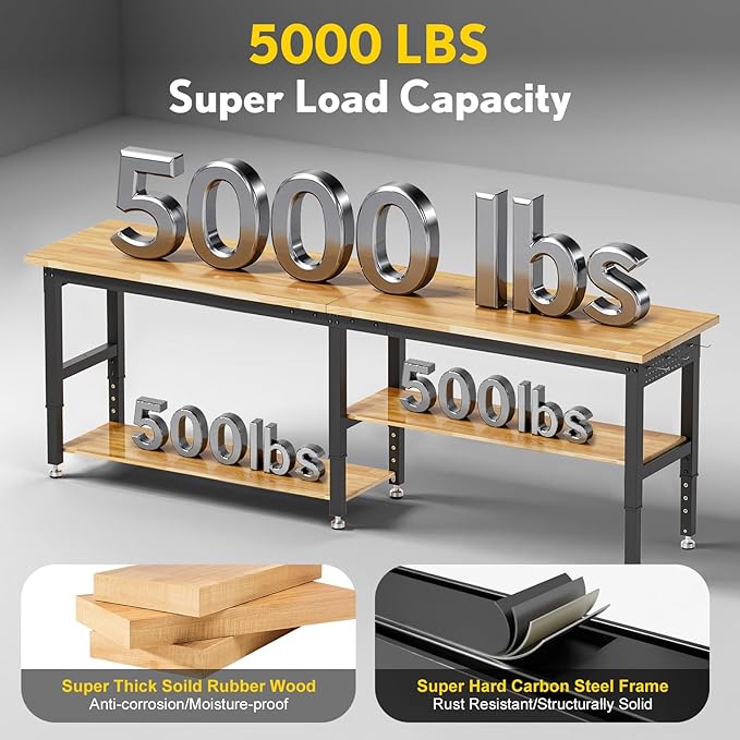 84” Adjustable Work Bench, 2-Layer Heavy Duty Workbench, 6000 LBS Capacity Workbench with Pegboard & Power Outlet, Rubber Wood Work Table for Garage, Office, Workshop, Home