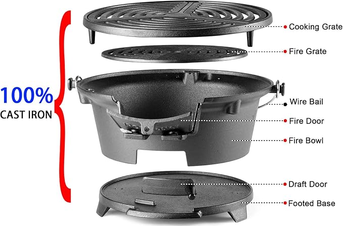IronMaster Hibachi Grill, 100% Cast Iron, Tabletop Small Portable Charcoal Grill for Outdoor Camping - 2 Heights, Air Control, Coal Door, Ideal for 2 People