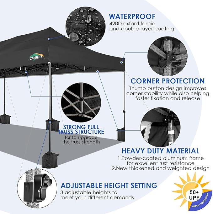 COBIZI 10x30 Heavy Duty Pop up Canopy Party Tent for Parties Weddings Events UPF 50+ Waterproof Commercial Gazebo with Roller Bag, Black