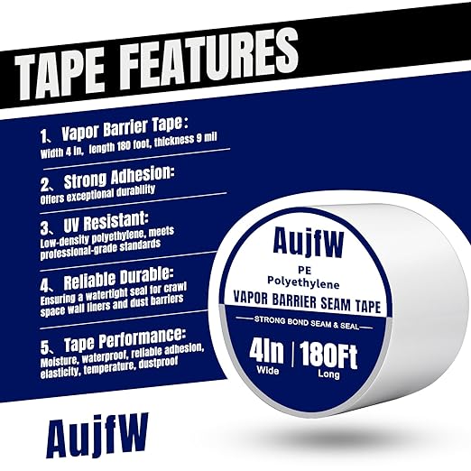Vapor Barrier Tape, 4" Wide x 180' Long, 6 Roll, Waterproofing Vapor Barrier Seam Tape for Stucco, Crawl Space, Repair, Plastic Liners, Metal Building Insulation Seams
