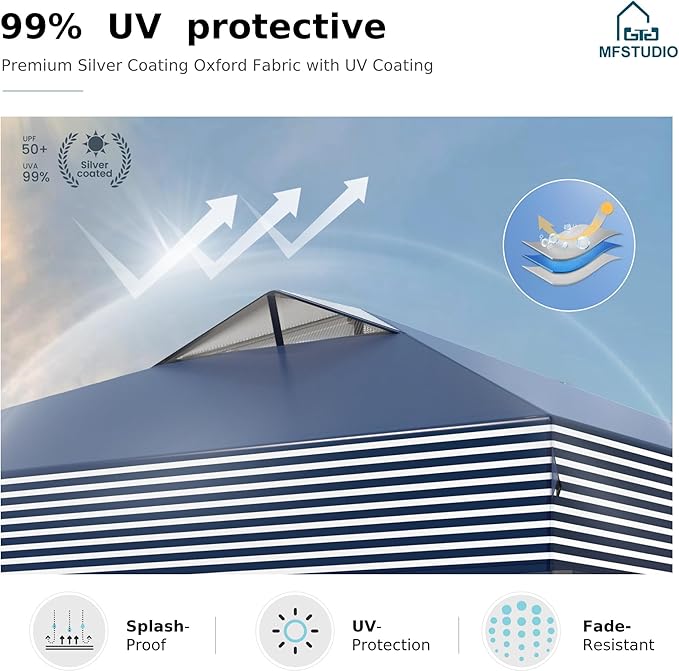 MFSTUDIO Pop Up Canopy Tent, 10x10 Outdoor Canopies One Person Push Set Up Tent Instant Portable Shelter Tents with Vented Top, Storage, 4 Sandbags, Beach Canopy,Blue Stripe