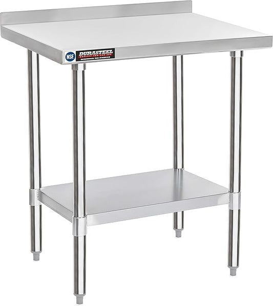 DuraSteel NSF Commercial Kitchen Table - 24 x 30 Inch Cooking Prep Stainless Steel Kitchen Island Workstation w/ Adjustable Under Shelf - Heavy Metal Backsplash Workbench For Restaurant, Home, Garage