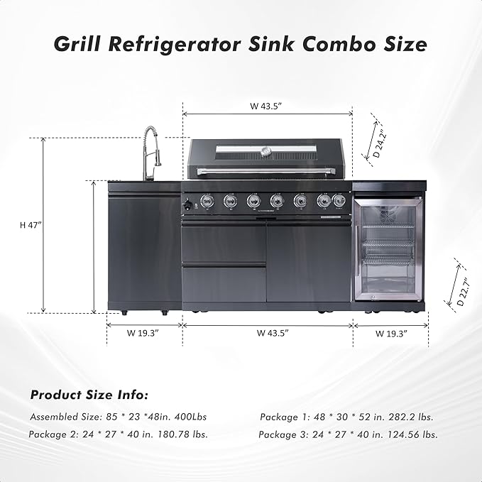 Outdoor Kitchen Island, 82 Inches 6-Burner 85000 BTU Stainless Steel Propane Gas Grill Combination With Refrigerator and Sink, Rotisserie Kit, Granite Countertops(Black Combo)