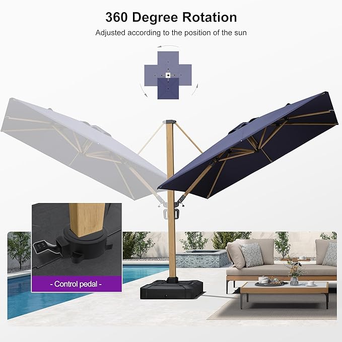 PURPLE LEAF 9FT Patio Umbrella With Base Square Cantilever Umbrella Teak Finished Aluminum Frame Large Windproof Offset Outdoor Sun Umbrellas for Beach Pool Deck, Navy Blue