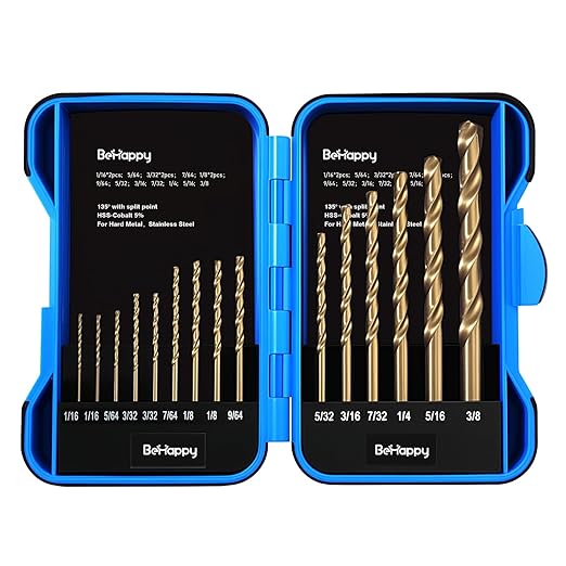 BeHappy 15Pcs Cobalt Drill Bit Set, M35 HSS, 135 Degree Tip, Twist Jobber Length for Hardened Metal, Stainless Steel, Cast Iron, Wood, and Plastics, with Index Storage Case 1/16“-3/8”