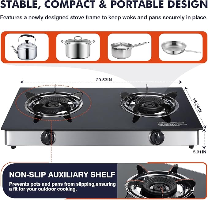 Llamaviva 3 Burner 35" Flat Top Grill with Foldable Shelves 45000 BTU Outdoor Griddle for Propane High-Pressure Systems Portable BBQ Grill (2-Burner Cooktop)