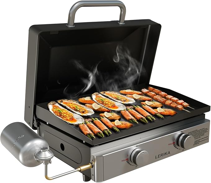 LERIKA 23" Tabletop Propane Gas Grilddle With Lid for Outdoor Kitchen Barbecue Grill, Non Stick Enamel/Durable Stainless Steel/1 Burner Portable Flat Top Grills