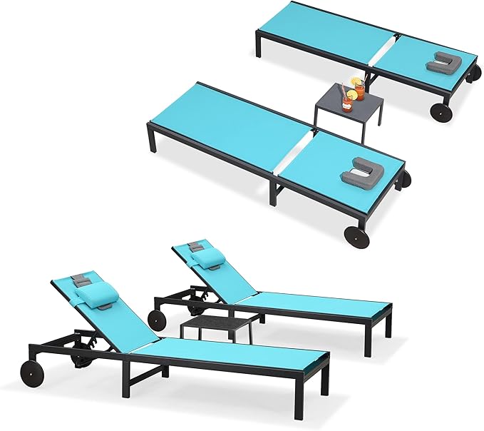 PURPLE LEAF Outdoor Tanning Lounge Chair Set with Face Hole Aluminum Adjustable Chairs Wheels Pillows and Table for Poolside Beach Patio Reclining Sunbathing Lounger Blue