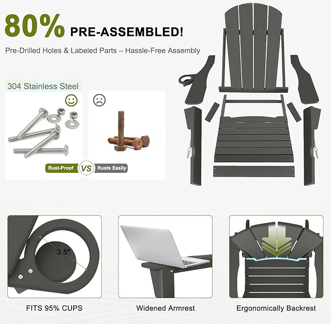 Outdoor Rocking Chair, HDPE Poly All-Weather Patio Rocking Chairs with Cup Holder for Adults, Porch Rocker for Deck Patio Balcony, 440lbs, Black