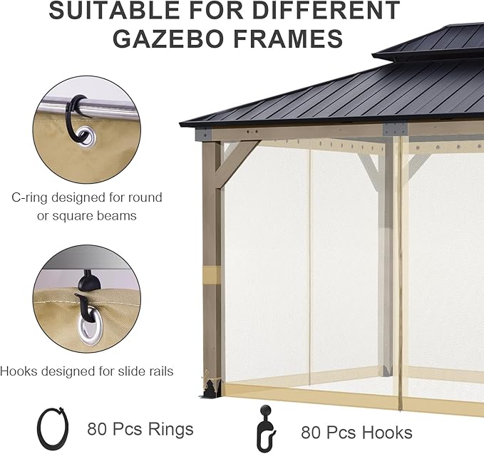 BPS 12' x 14' Gazebo Universal Mosquito Netting Screen Replacement, 4-Panel Screen Walls with Double Zippers for Outdoor Patio, Khaki (Mosquito Net Only)