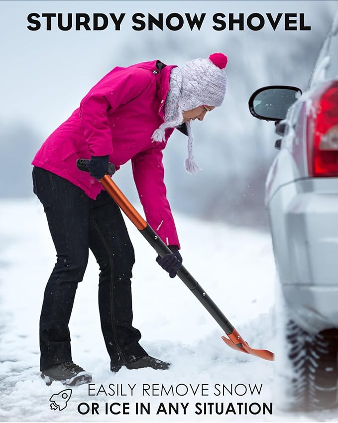 KFM Snow Shovel for Car, 22 to 43 Inch Collapsible Adjustable Length Metal Shovel for Car Snow Removal with Carrying Bag for Vehicle, Truck, Driveway, Outdoor, Camping