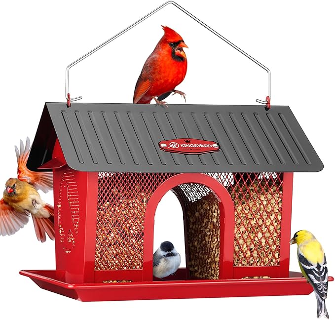 Kingsyard Metal Bird Feeders for Outdoors Hanging, Wild Bird Feeder with Seed Tray and Weatherproof Roof, 3 lbs Seed Capacity, Red
