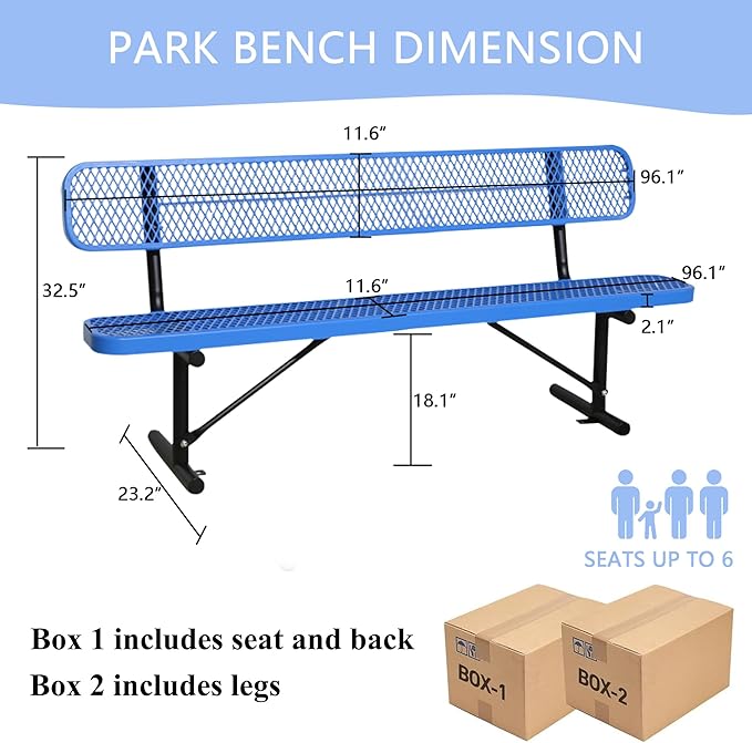 8 FT Steel Park Bench for Outside, Outdoor Bench with Backrest & Portable Frame, Thermoplastic Coating, Commercial Benches for Shopping Mall, Store, Park, Patio, Deck, Blue
