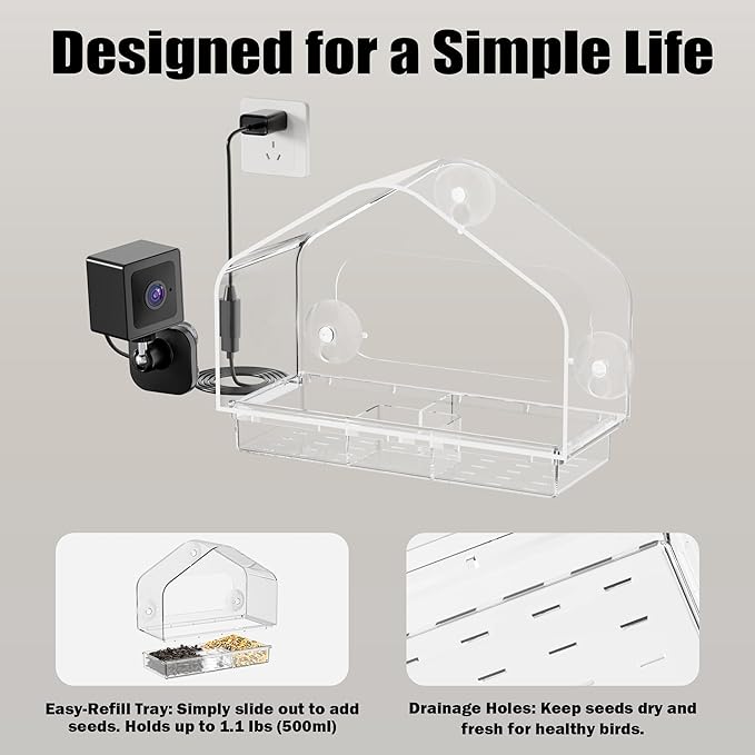 Waterproof Smart Window Bird Feeder Camera with AI, All-Weather 2K HD Live View & Secure Suction Mount - The Ultimate Outdoor Gift for Bird Watchers