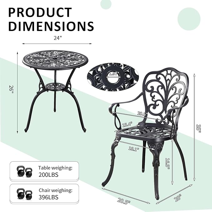 3 Piece Patio Bistro Set,Cast Aluminum Outdoor Bistro Table and Chair Set of 2 with 1.97" Umbrella Hole,All Weather Patio Furniture Set for Garden,Porch(Black)