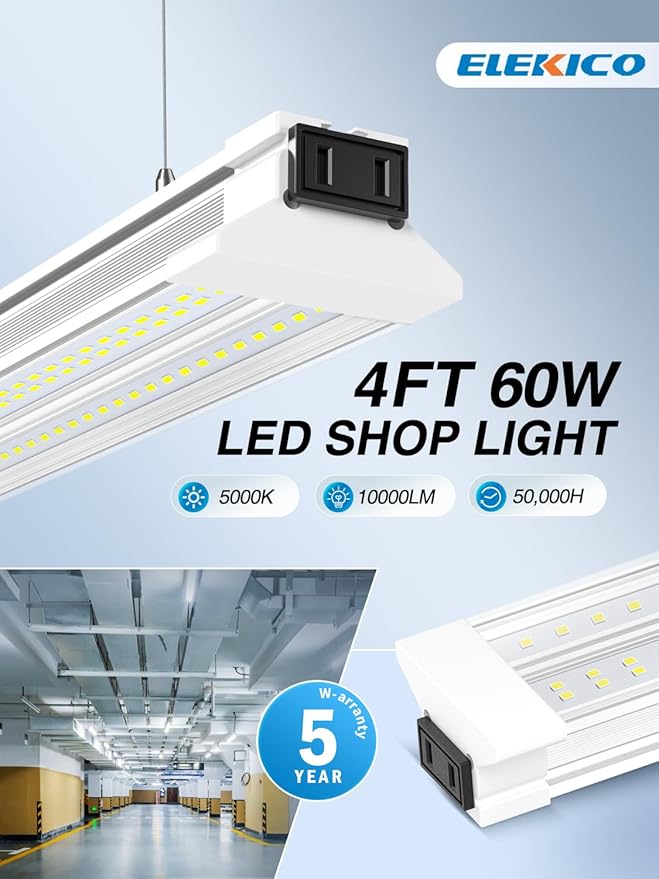 Super Bright Upgrade 60W 4' LED Shop Lights 4FT 6 Pack| 9000LM 5000K 48 inch Linkable Ceiling Lighting LED Garage Lights With Plug in For Garage Lighting,Barns,Attics,Utility Room,Shed,Tool Room