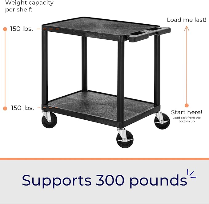 Stand Steady Tubstr Compact 2 Shelf Utility Cart | Made in USA | Easy-Load Flat Shelves Hold Up to 300 lbs | Space-Saving Storage Cart & Rolling Tool Cart for School, Office & Garage (24 x 18in/Black)
