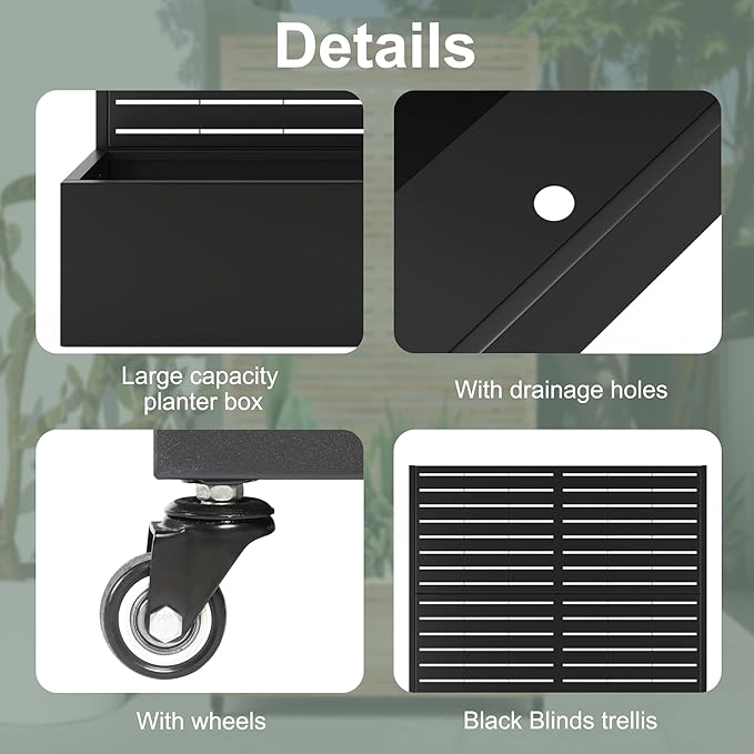 Metal Planter Box with Trellis Privacy Screen, Large Raised Garden Beds with Trellis for Climbing Vegetables Plants, Privacy Planters with Drainage Holes for Patio (47"L×16"W×71"H, Black Blinds)