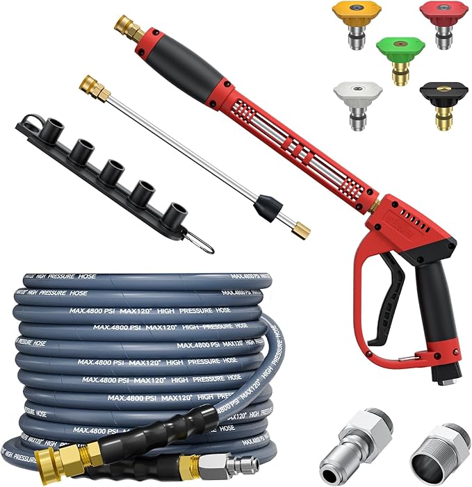 5000PSI Pressure Washer Gun and Hose Kit, 25FT Kink Resistant Steel Braided Power Washer Hose with 3/8" Swivel Quick Connector and M22 14mm Adapters Replacement/30 Extension Washer Wand