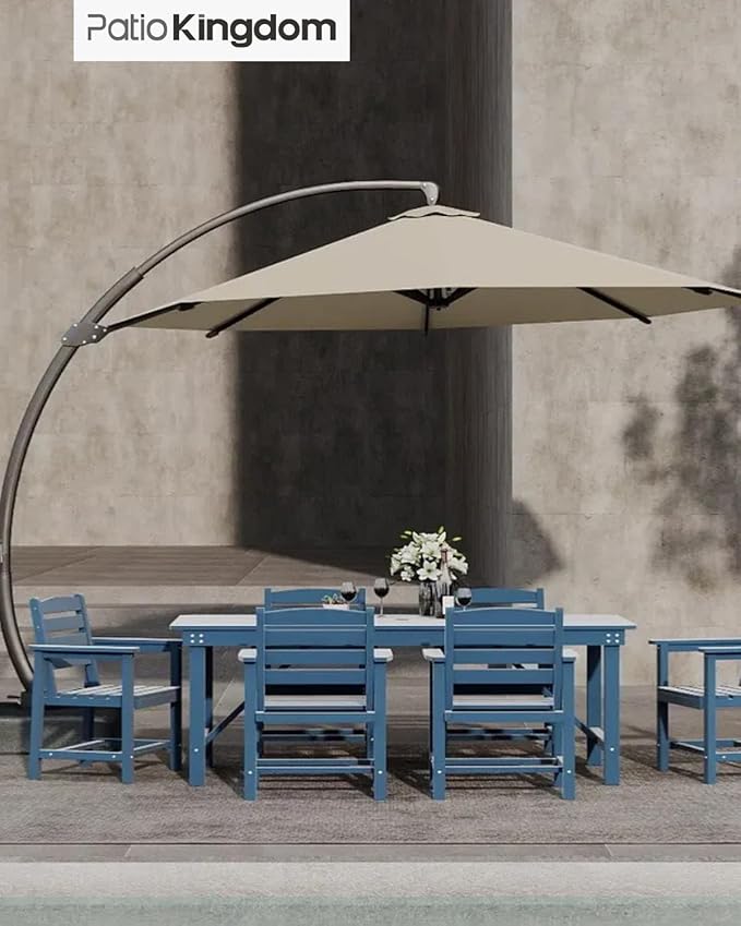 7-Piece Navy Blue HDPE Patio Table and Chairs Set, Weather Resistant Outdoor HDPE Dining Table Sets with Umbrella Hole for Lawn, Garden, Deck, Poolside, Balcony