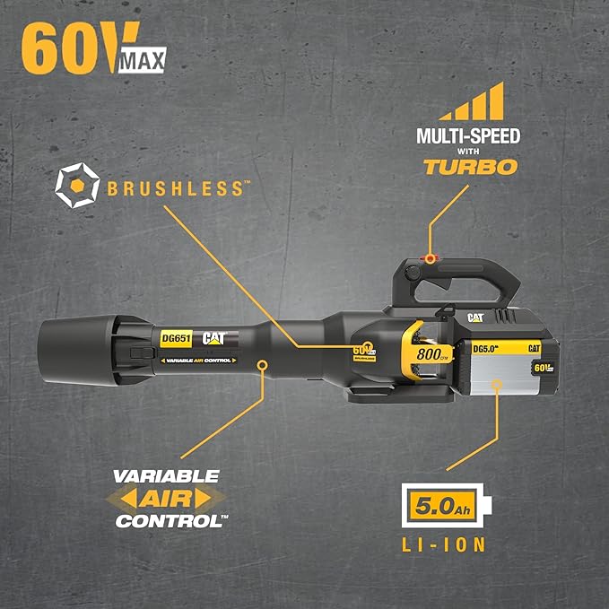 Cat DG651 60V 800 CFM 170 MPH High-Powered Leaf Blower Cordless, Adjustable Speed Blowers for Lawn Care, Lightweight Cordless Leaf Blower with Variable Air Control – Battery & Charger Included