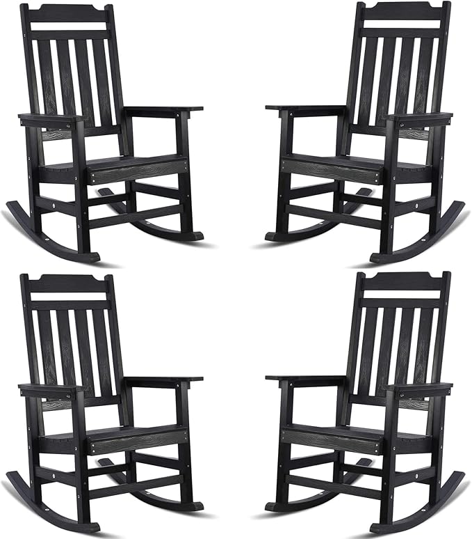 Rocking Chairs Set of 4, All Weather Resistant Poly Lumber Outdoor Porch Rocker, Rocking Chairs for Outdoor, Indoor, Patio, Deck, Garden, Backyard, Load Bearing 380 lbs - Black